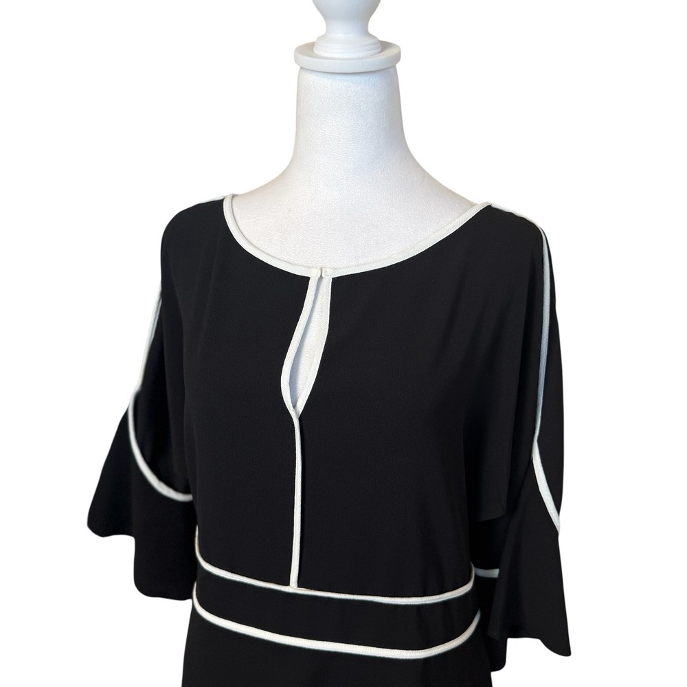 7th Avenue Design Studio NY Black Top Blouse White Trim Size Medium Bell Sleeves